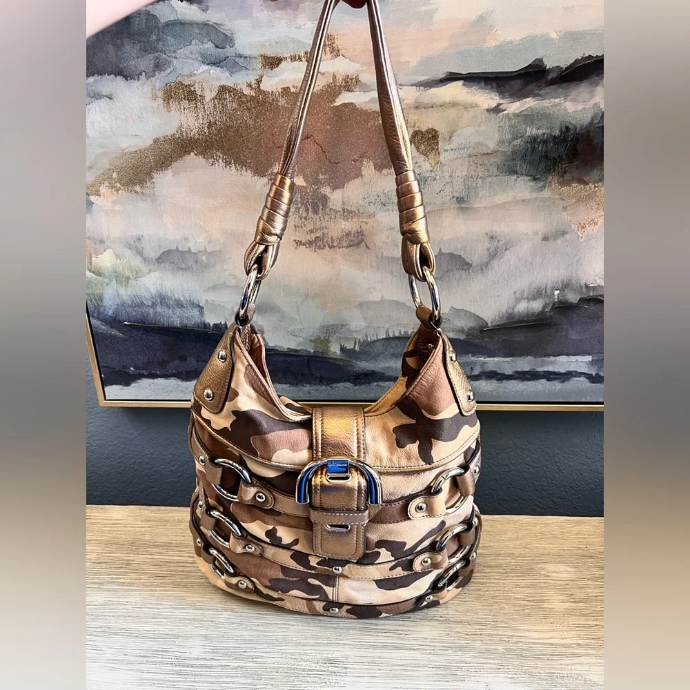 b. makowsky Genuine Leather Camouflage Hobo Bag with Brown Accents